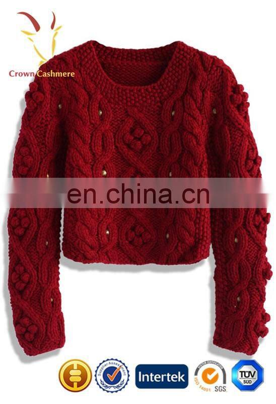 Fashion red chunky sweater women cable knit pullover sweater for ladies