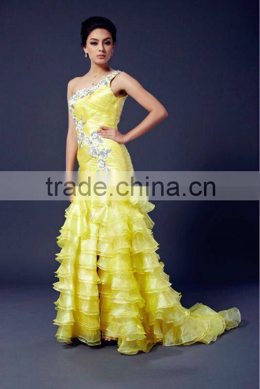 2013 Nes Style One Shoulder Top Layered Mermaid Gold Evening Dress