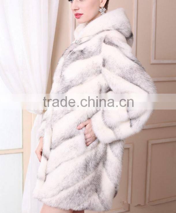emk1453 newest style lady cross mink fur coat with hood