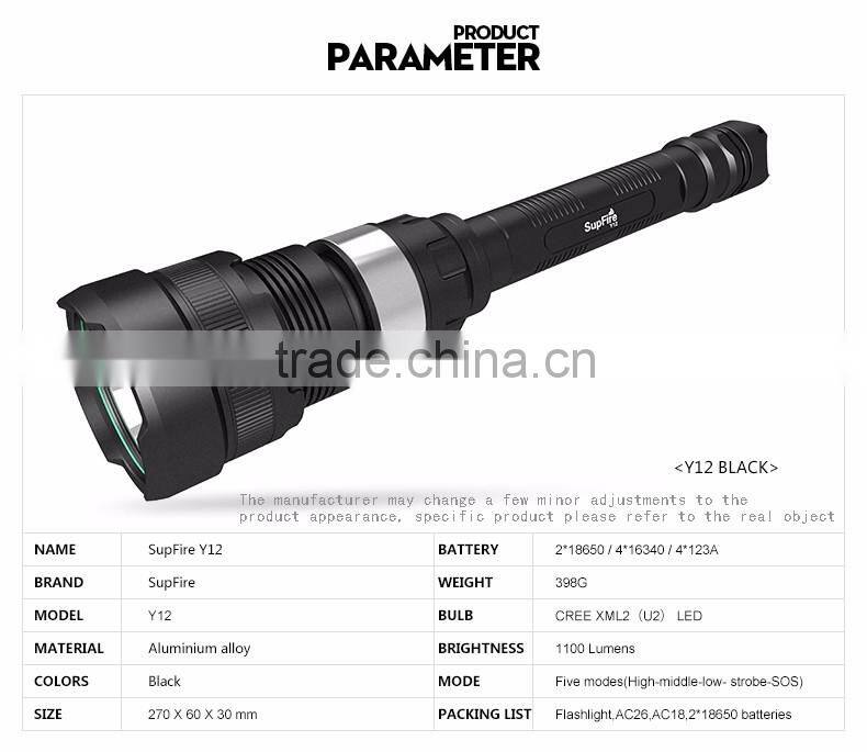 SupFire Y12 XML2-T6 led flashlight high power 1100 lumen 2 18650 li-ion batteries aluminium alloy big torch