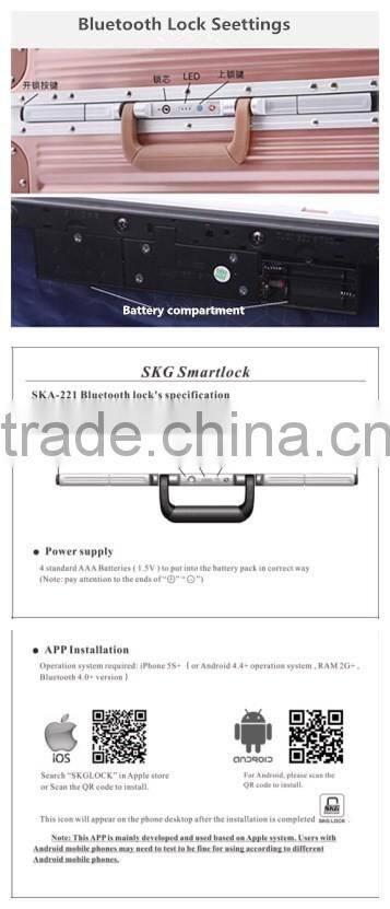 2016 Newest Fashion Smart Bluetooth Lock marrow aluminum frame 360 Universal Wheel luggage /Suitcasee