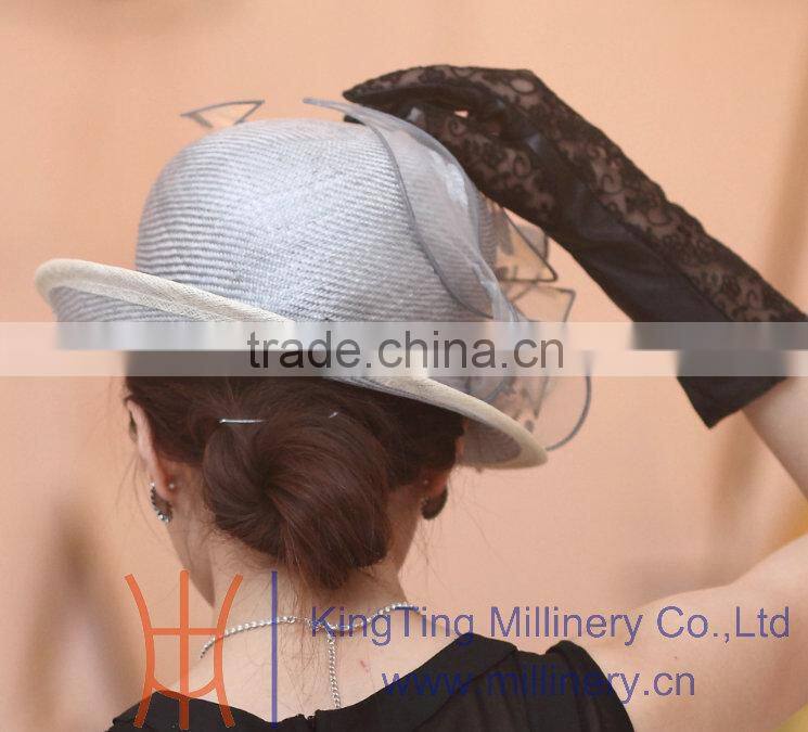 Womens Fancy Straw Hats Elegant Church Hat With Organza Flowers Trimming Onside