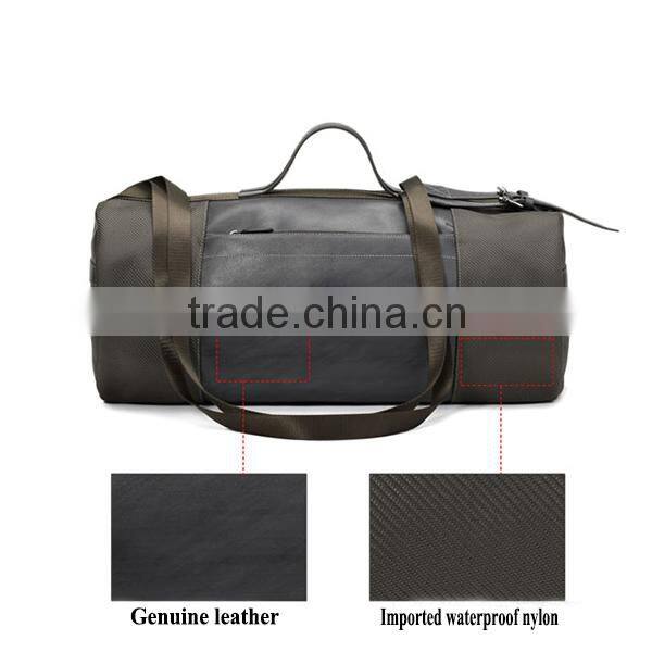 Popular Style Waterproof Nylon Brown with Genuine Leather Roll Shape Long Strap Duffel Bag