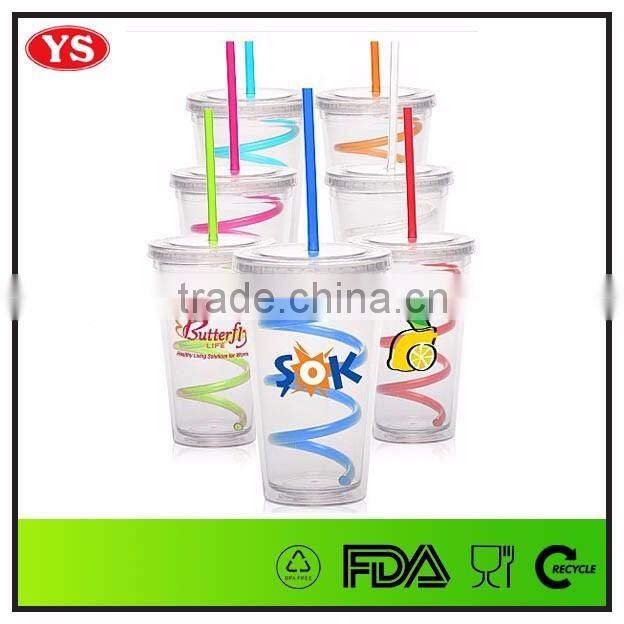 16oz bpa free double wall plastic cup with spiral straw