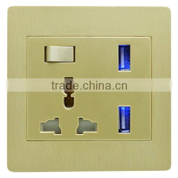 British standard golden aluminum panel 13A switch socket with doubke usb wall socket