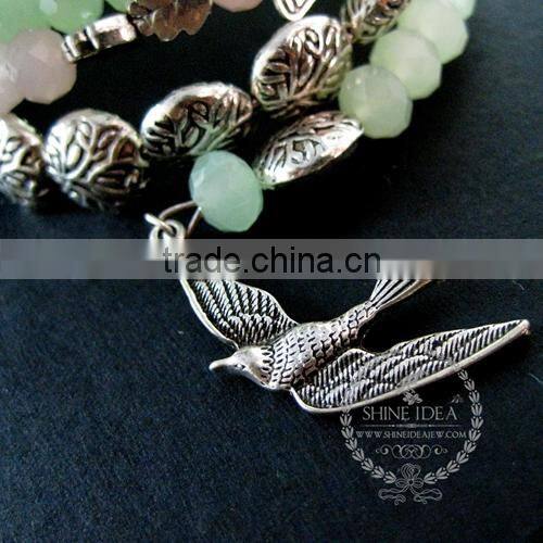 vintage antiqued silver rose flower leaf butterfly bird ice green pink beads 2 layers fashion wiring bangle bracelet 6490051
