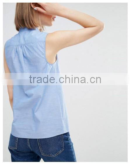 100% Cotton Ruffle Details Neck Sleevelss 2016 Summer designer blouses pictures Wholesale