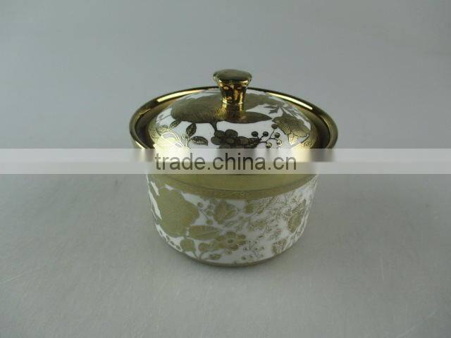 Ceramic gold decal ceramic condiment set with iron stand