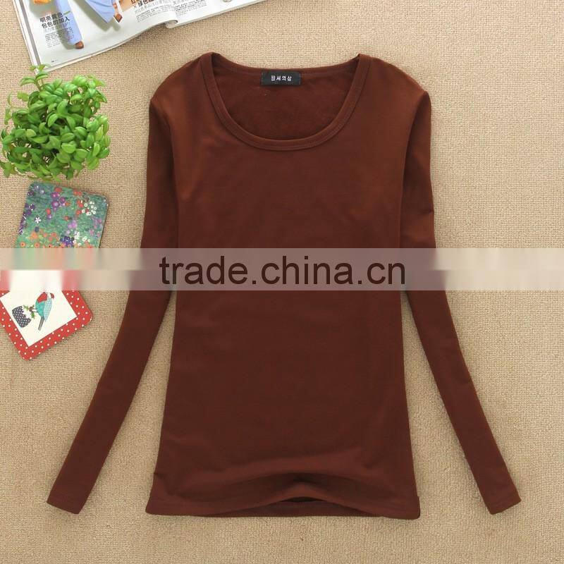 Lady fashion 100%cotton top plain women long sleeve t shirt