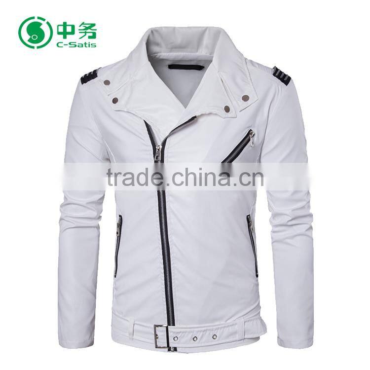 Fashion Style Multi Zippers Windproof Mens White / Red / Black Punk Leather Jacket for Sale
