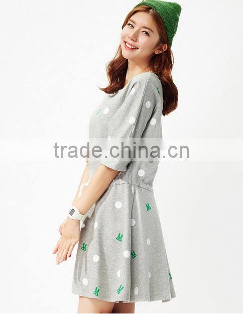 Female money shallow hemp grey knitted rabbit dot printing on the waist rope bat sleeve dress
