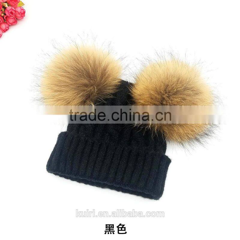 Stylish kids Double Balls Winter Warm Wholesale Beanie Hats with raccoon fur ball