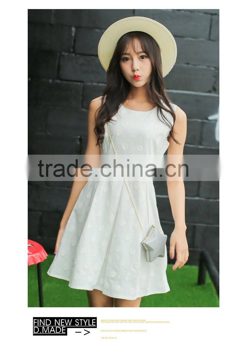summer new design young lady dress fashion printed cotton linen A-LINE embroidered dress Sleeveless vest dress