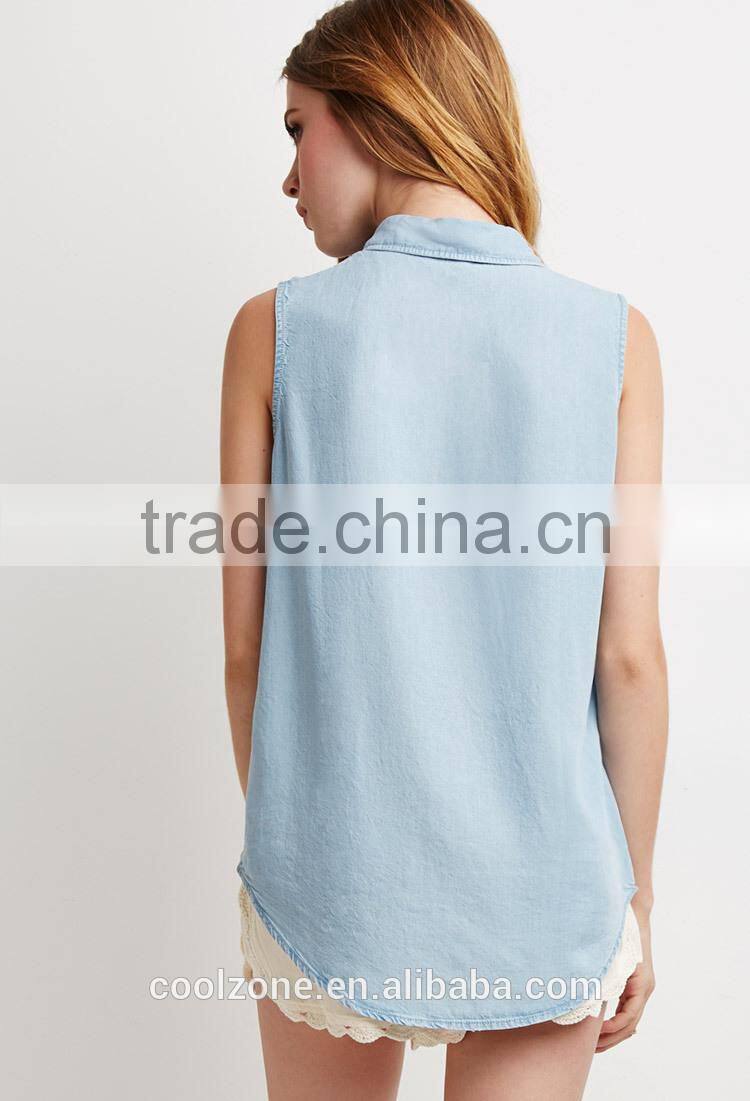 Fashion sleeveless lightweight fabric denim shirt,collared shirt with patch pocket