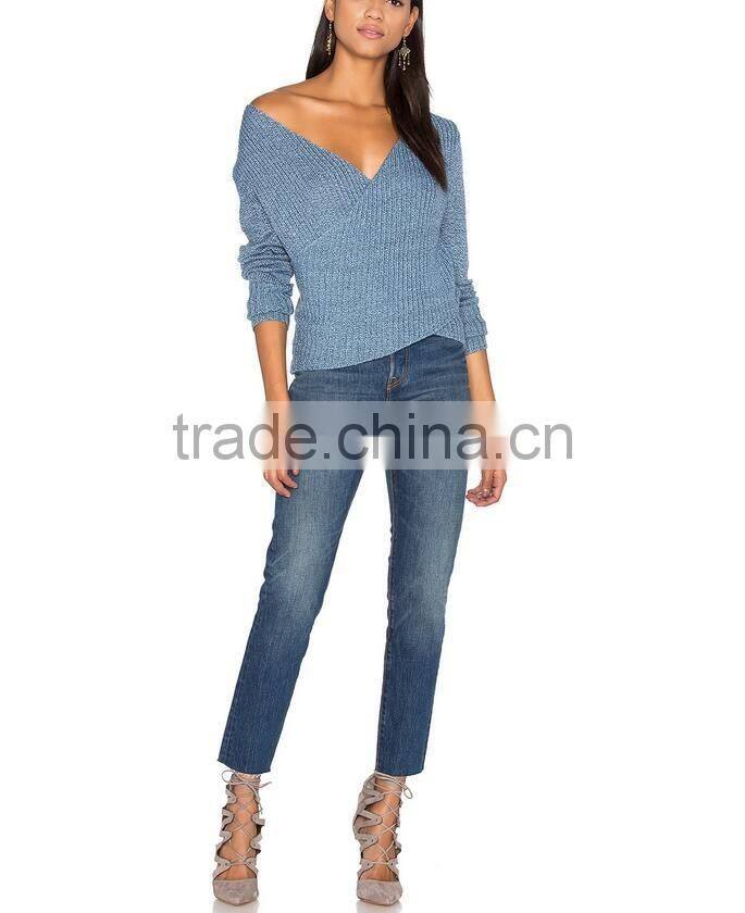 Blue plain custom v-neck sweater for women pullover sweater dress