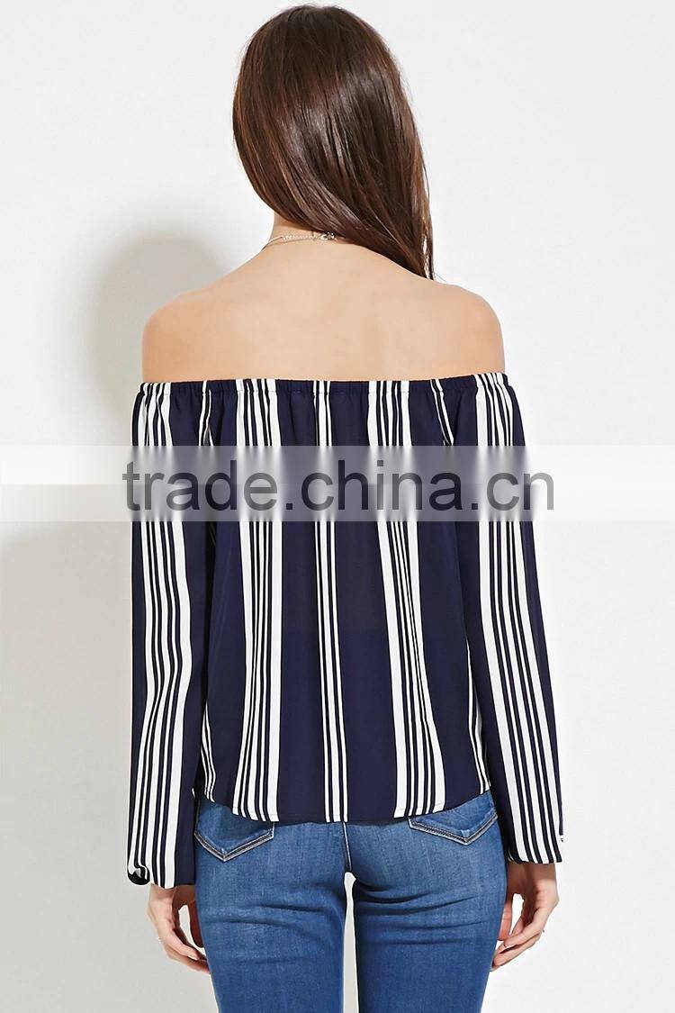2016 hot sale yarn dyed cotton summer fashion off shoulder long sleeve ready made blouse