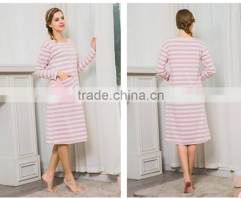 2017 Best Qianxiu Autumn Inner Home Women Lady Girl Cotton Long Sleeved Strip Chinese Women Nightgown