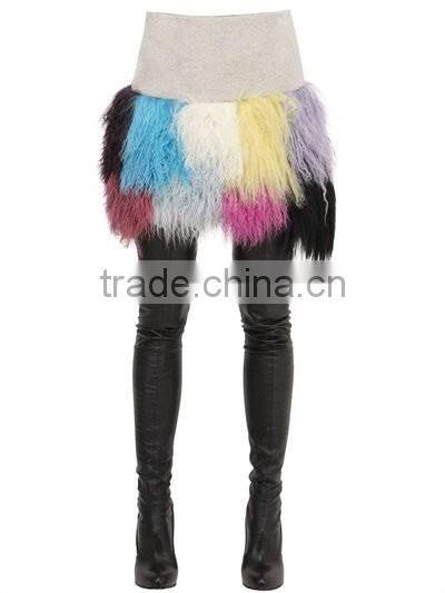 YR947 Fringed Patchwork Mongolia Wool Skirt Real Timbet Lamb Fur Skirt