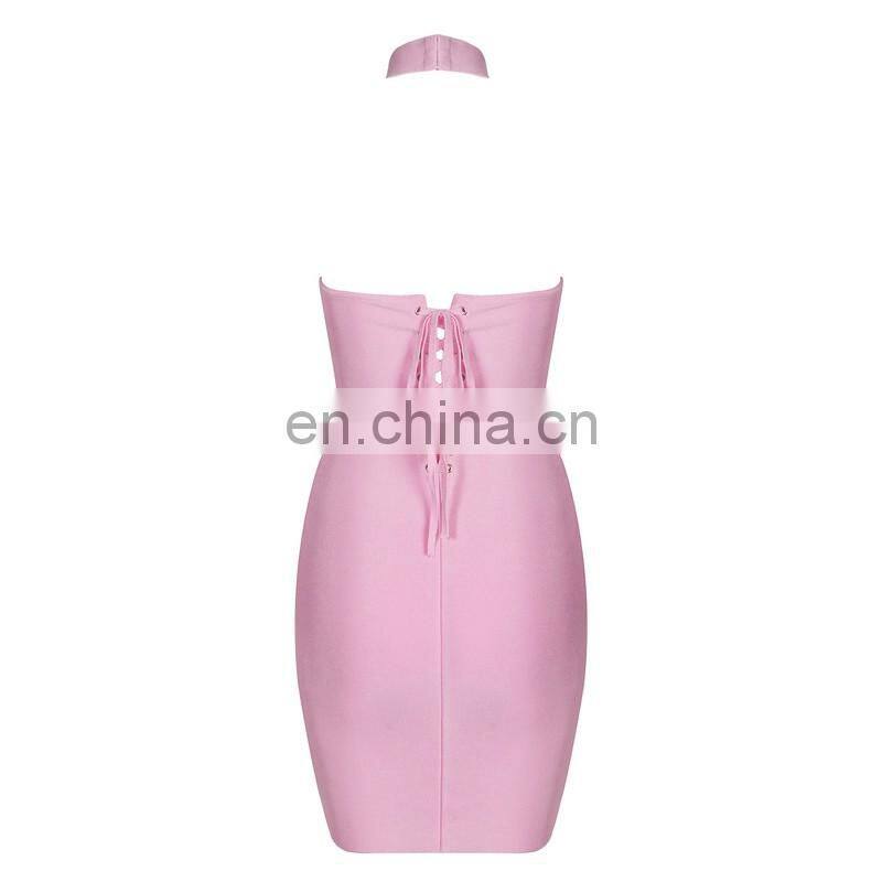 Amigo 2017 new designer pink halter backless sexy XXX bandage dress midi evening dresses for women party wear
