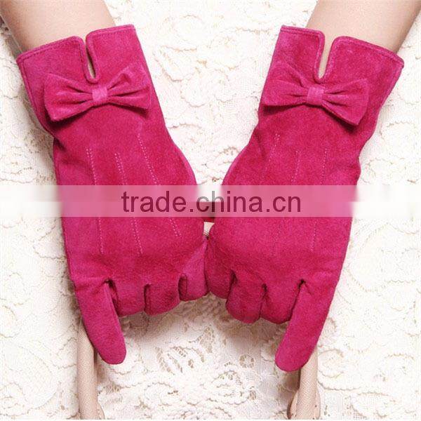 2016 Fashion bow trimmed red long pig suede ladies leather gloves
