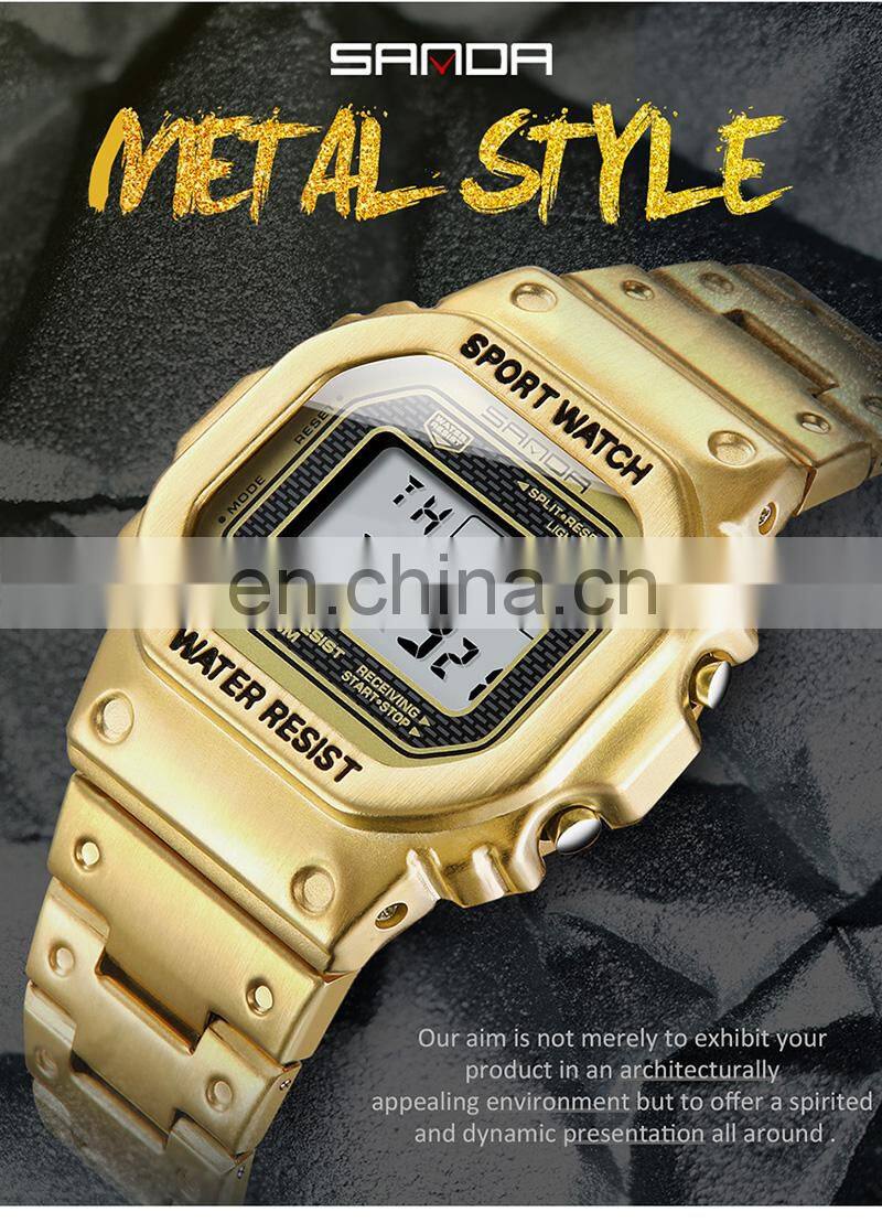 SANDA 390 Men Business Calendar Digital Watches Stainless Steel Week Display Back Light Waterproof Wristwatch