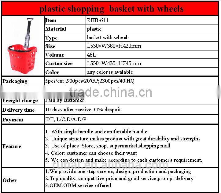 Retail grocery plastic shopping baskets with wheels