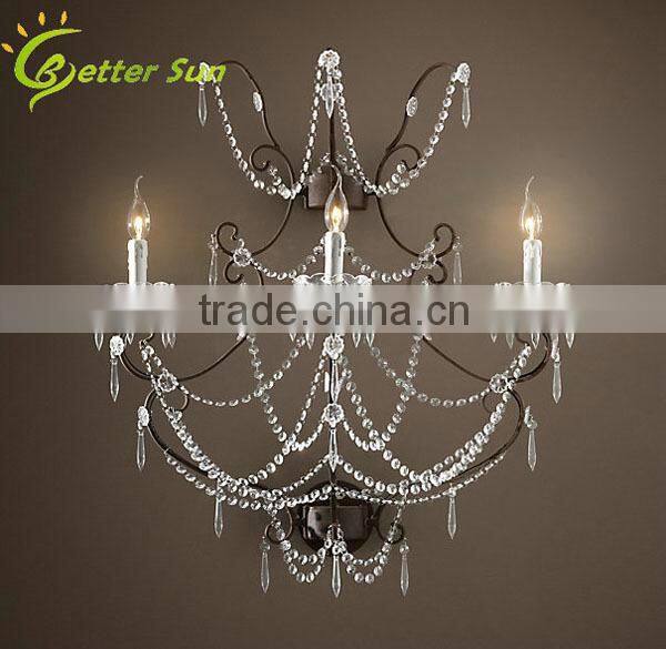 Rural Style Archaize Color 2 Lights Wrought Iron Cage Crystal Wall Lamp