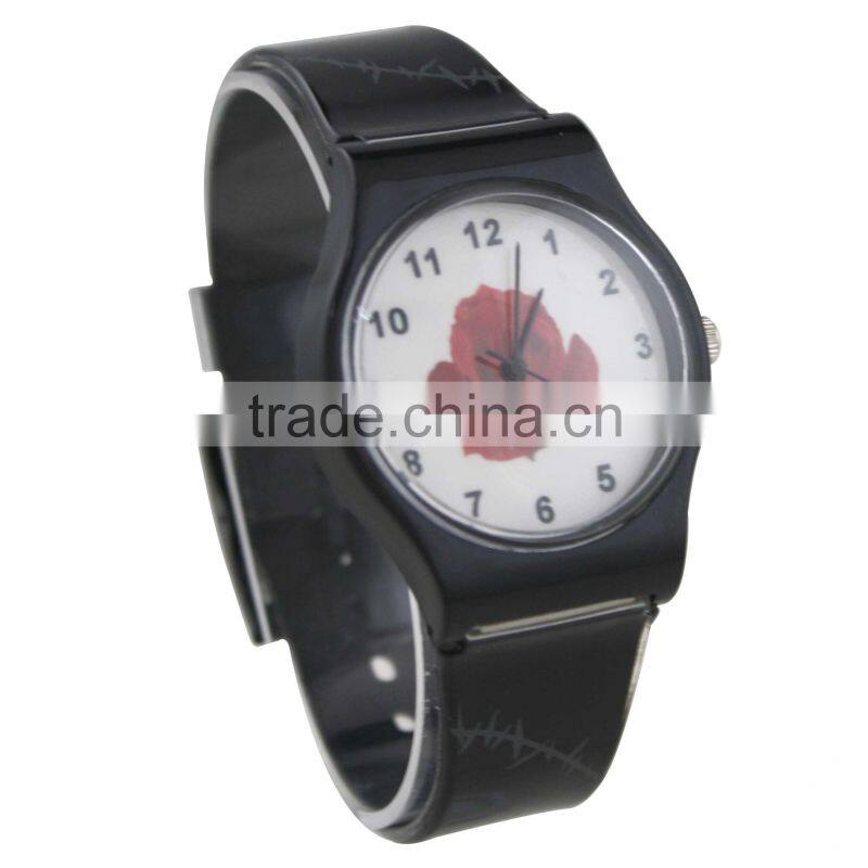 FT1009_BK PVC strap ladies plastic quartz movt flower print watch