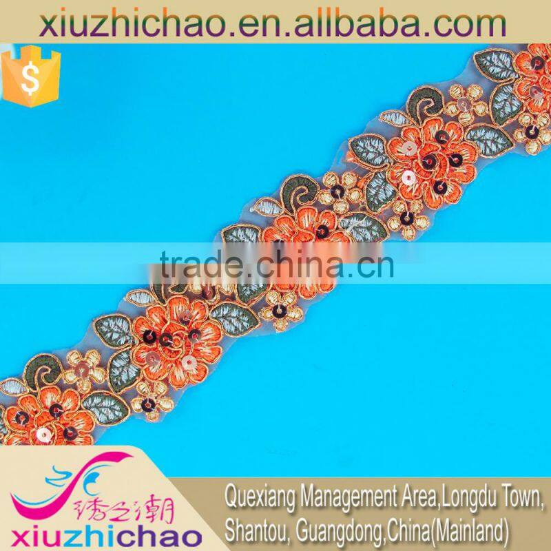 T0105-4A factory sale polyester sequins embroidery lace trims dress decoration
