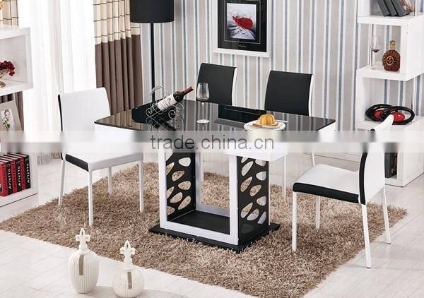 glass top wooden color steel leg dining table with tempered glass top