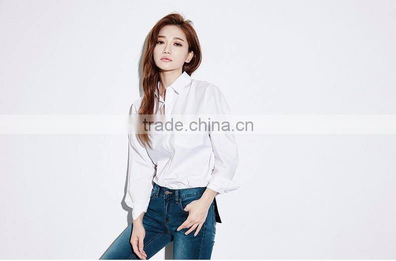 Women's Basic Design Cotton Long Sleeve Boy-Friend Style Shirt Blouse Solid White