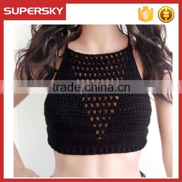 C627 Hot sale black sexy ladies crochet bra pattern women knit beach bustier