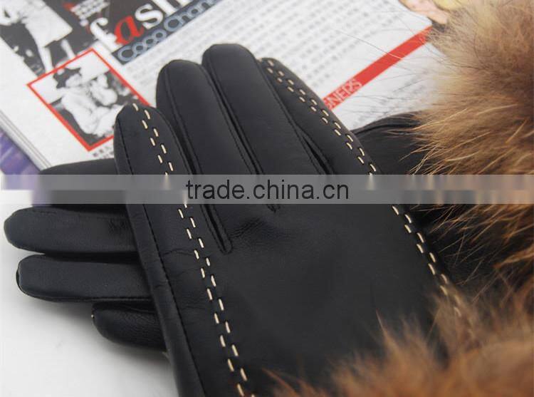 Womens Leather Gloves With Raccoon Fur Trim Black Genuine Sheep Leather With Lining