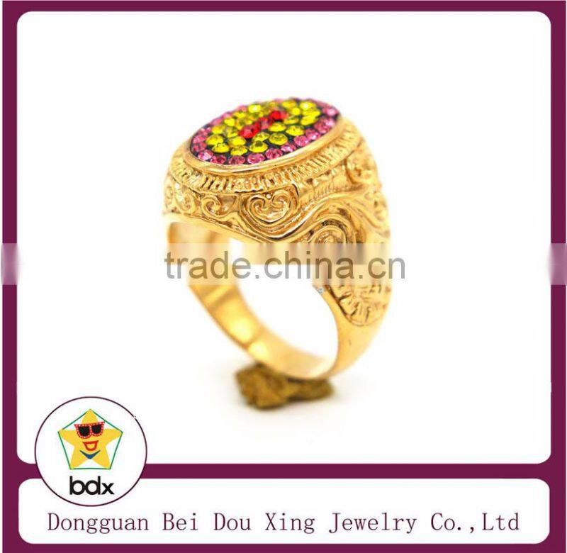 new products 2015 colorful rhinestone yellow gold plated stainless steel rings