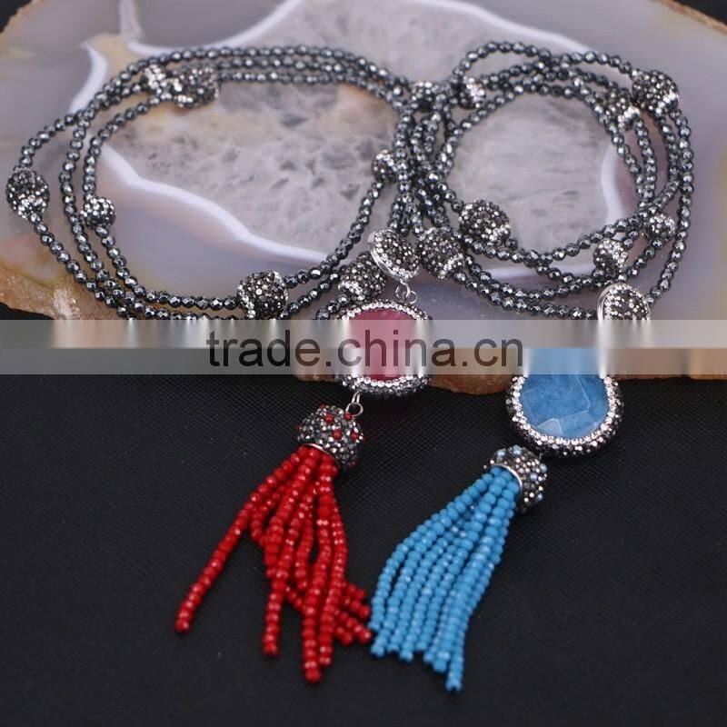 Strands Pave Crystal Beads Gem Stone Necklace, Crystal Glass Tassel Jewelry with Black Hematite Beaded Necklace