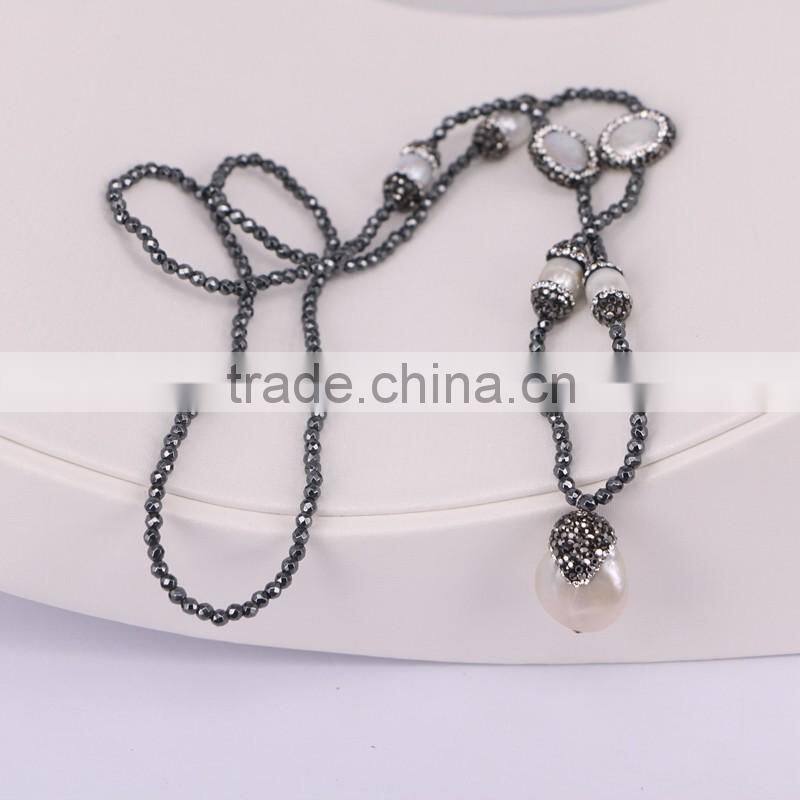 Natural Pearl Gemstone Necklace, Drop Pearl Pendant Charm Hematite Beads Necklace