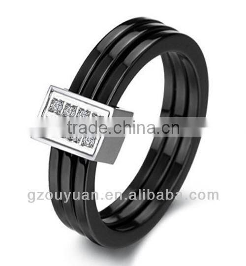 Women's Black Ceramic Ring Set with Diamonds