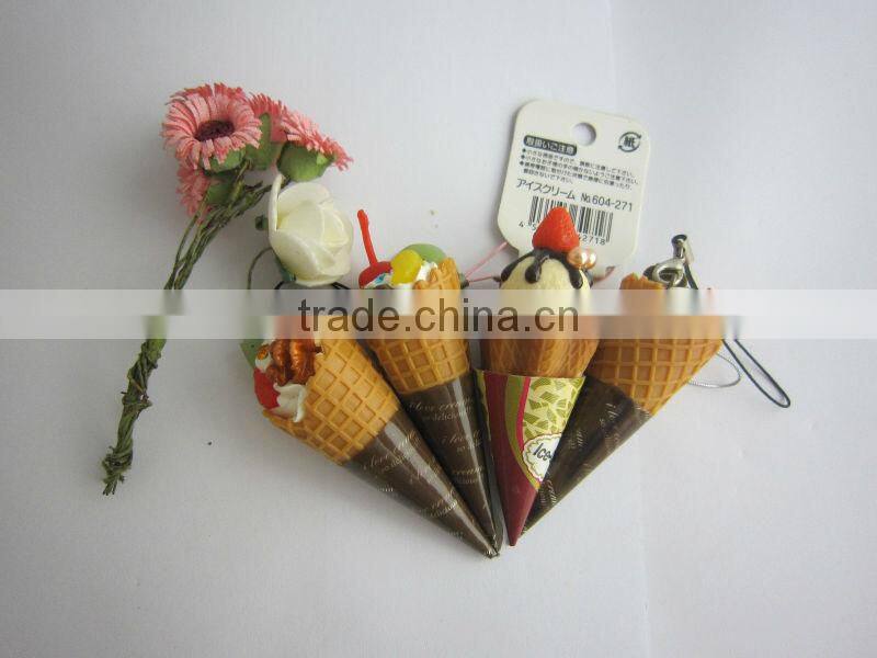 Top sell fake ice cream key chains for cool summer promotion products/Artificial cone ice cream for mobile phone straps in arts