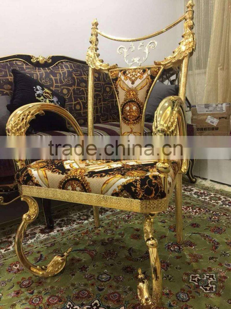 Luxury Italy Baroque Collection Brass 18/24K Gilded Armchair/Louis XV Royal Golden White Leather Decorative Side Chair, MOQ 1 PC