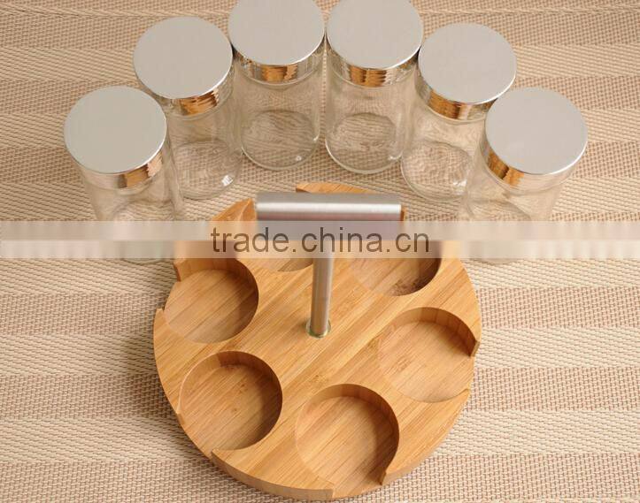 rotatable bamboo spice rack with spice jar and pepper mill grinder