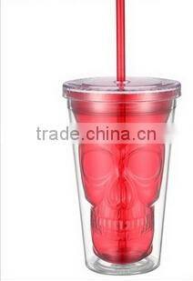 16oz colorful Skull plastic double wall tumbler with lid and straw