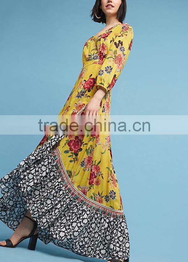 Vibrant Colors Embedded Vintage Long Sleeve Floral Maxi Dress Western Frock Designs For Ladies HSd5158