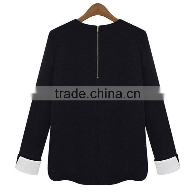 autumn Fashion simple style contrast color straight fit knitted casual wear back zipper ladies blouse designs 2015