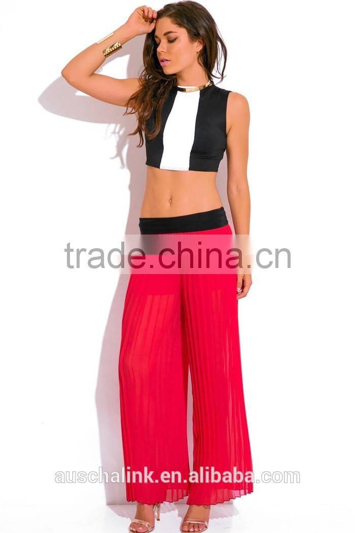 hot sale lady red pleated chiffon wide leg pants wholesale