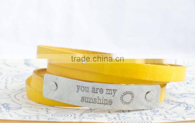 personalized leather wrap bracelet, custom logo hand-stamped leather bracelet, adjustable leather wrapped bracelet