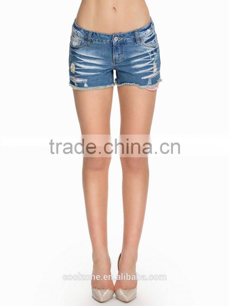 Latest fashion design stone washed shorts women/sexy denim shorts with trim