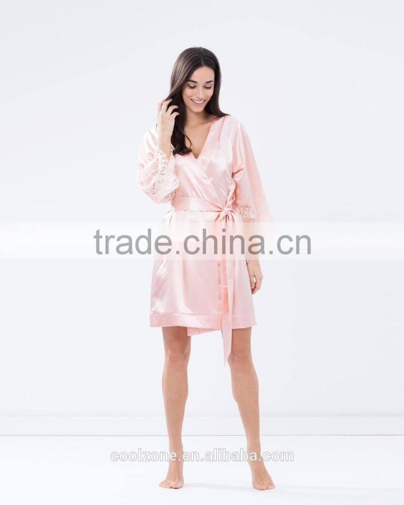 Elegant tie-up front lace trimmed sleeves kimono robe wholesale satin robe.