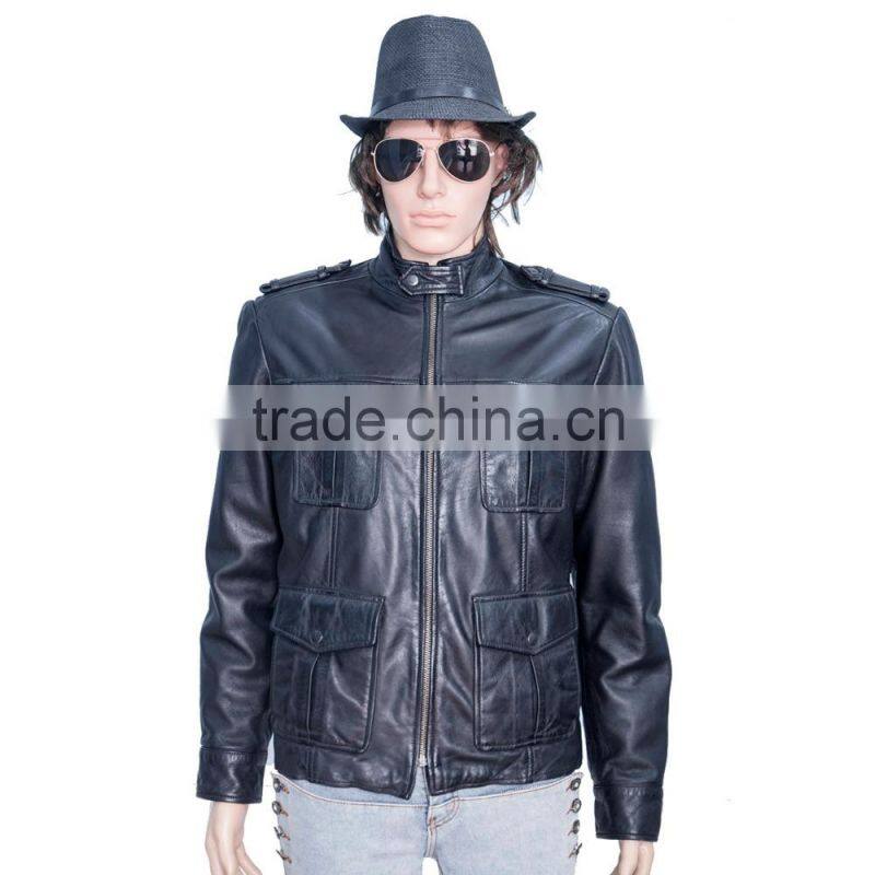BIKER LEATHER JACKET WITH FOUR FLAP CHEST POCKET