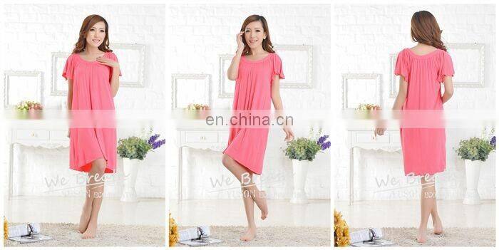 Ladies' eco-friendly bamboo fiber round neck night gown solid color FD