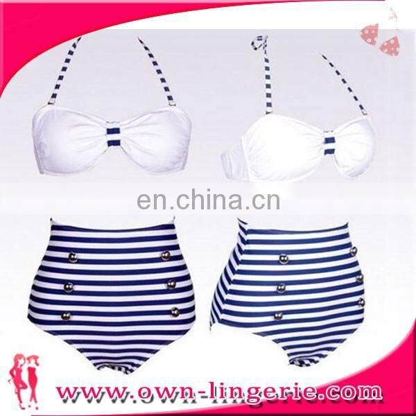 new arrival blue stripe beachwear high waist and neck Harness bikini set